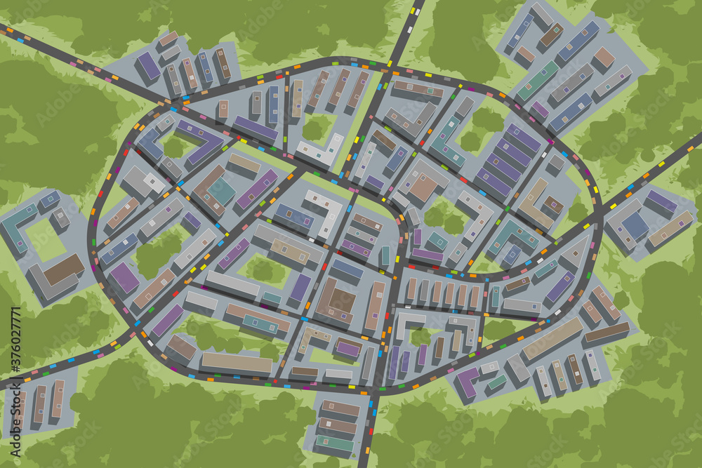 Obraz premium City top view. Streets, houses, buildings, roads, crossroads, park, trees, cars. (view from above)