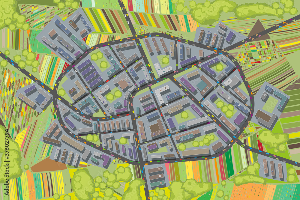 Obraz premium City top view. Streets, houses, buildings, roads, crossroads, park, trees, cars. (view from above)