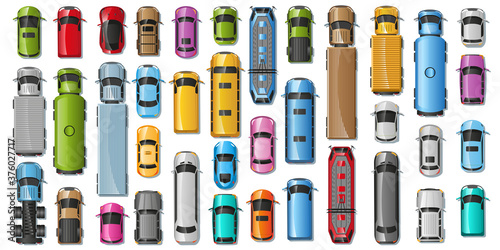 Different cars and vehicles. (top view)  City vehicle transport icons set. Automobile car for transportation. Auto car vector illustration.