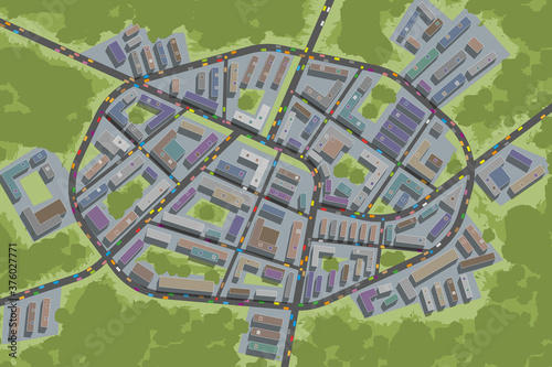 City top view. 
Streets, houses, buildings, roads, crossroads, park, trees, cars. (view from above)