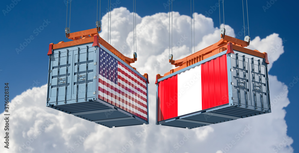 Freight containers with Peru and USA flag. 3D Rendering 