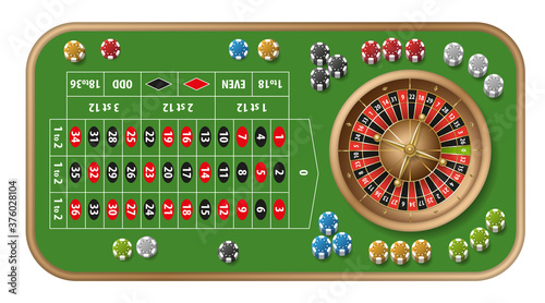 Roulette casino table. Top view. Vector realistic casino roulette table, wheel and chips. (view from above) 