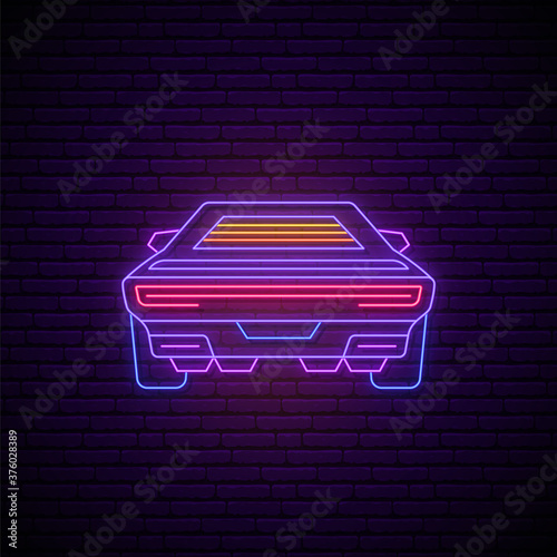 Neon futuristic car. Glowing neon car icon back view. Bright light signboard. Vector illustration in 80s retro style.