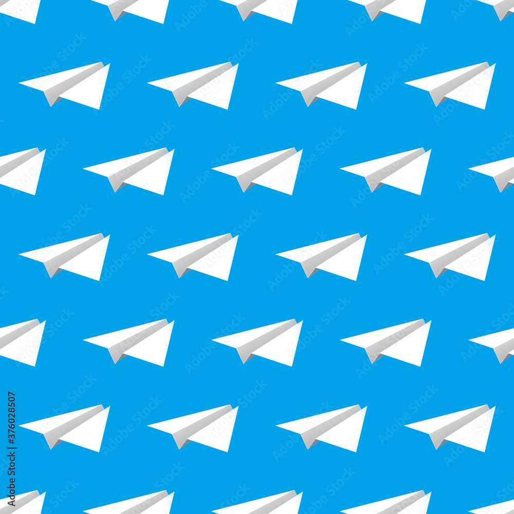 White paper airplanes over blue background, seamless pattern White paper airplanes over blue background, seamless pattern