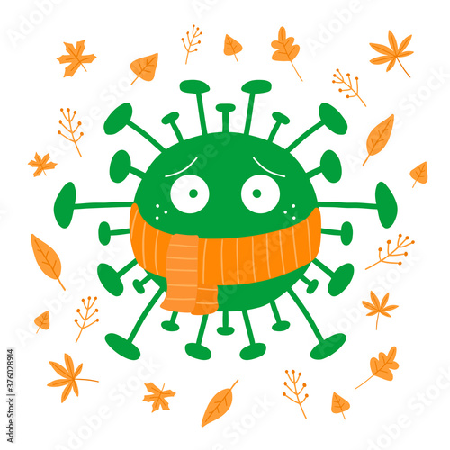 Cartoon coronavirus bacteria in orange scarf with autumn leaves. Isolated on white background. Vector stock illustration.