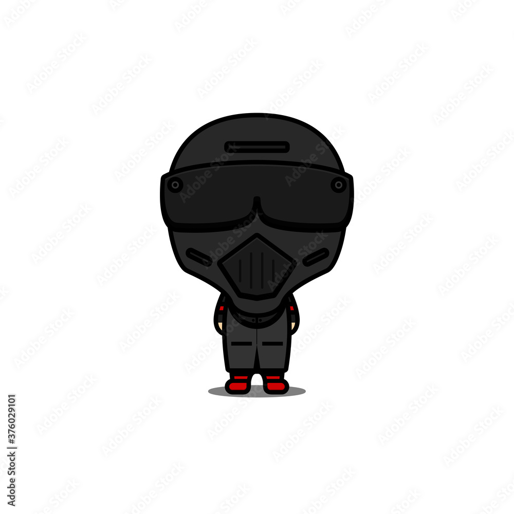 Cute Motorcyclist with Grey Jacket and Grey Helmet Character Vector Design 