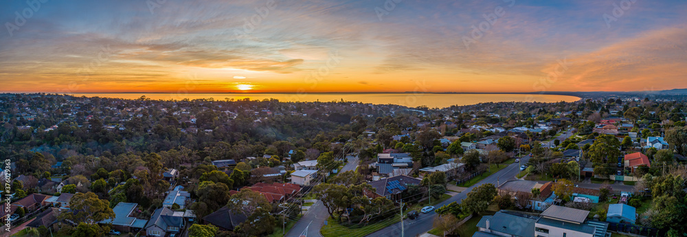 Aerial panorama Frankston Suburb at sunset in Melbourne, Australia