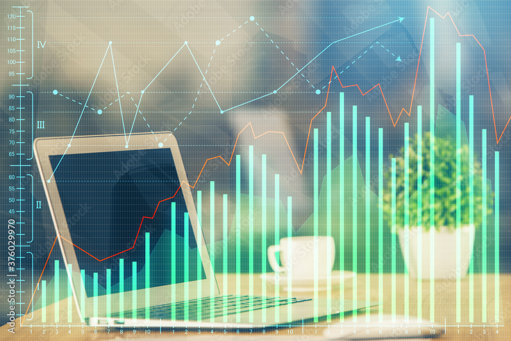 Double exposure of forex chart and work space with computer. Concept of international online trading. Double exposure of forex chart and work space with computer. Concept of international online trading.