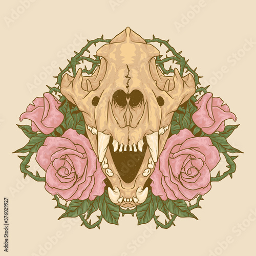 Tiger Animal Skull with Roses Flower leaves and thorn vintage vector logo mascot illustration