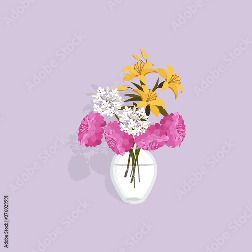 Vector illustration with a vase and realistic garden flowers