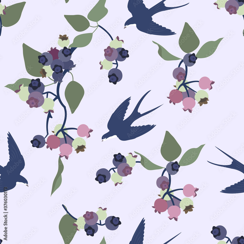 Seamless vector beautiful illustration with blueberry and swallows Seamless vector beautiful illustration with blueberry and swallows