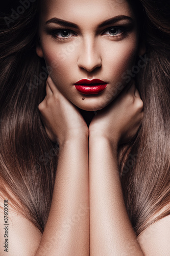 woman with healthy hair and red lips