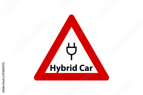 Hybrid Car Attention Triangle Sticker Electric Plug on White Background