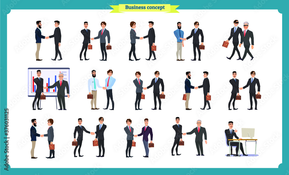 Man's handshake. Business people teamwork, set of Businessmen in different poses, standing, arms crossed, handshaking, cartoon flat-style vector illustration isolated. handshake of two businessmen.