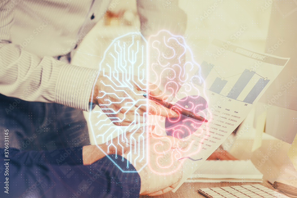 Man with multi exposure atificial intelligence brain icons.