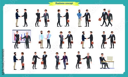 Man's handshake. Business people teamwork, set of Businessmen in different poses, standing, arms crossed, handshaking, cartoon flat-style vector illustration isolated. handshake of two businessmen.
