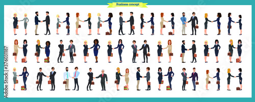 Set of business people and situations. Presentation, agreement, a handshake, work,standing,arms crossed. Vector illustration in a flat style.Businessmen, business women handshake. people teamwork.