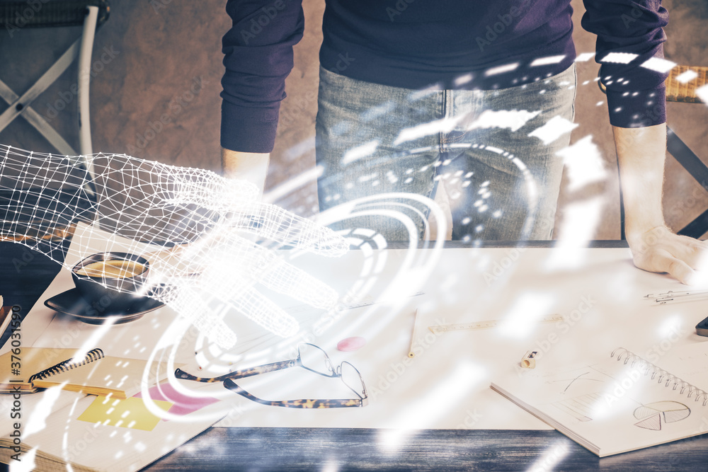 Man hands with data theme double exposure icons. Man hands with data theme double exposure icons.