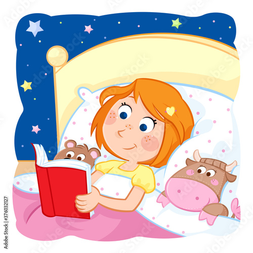 Daily routine of a little girl with ginger hair - Reading bedtime story - Illustration