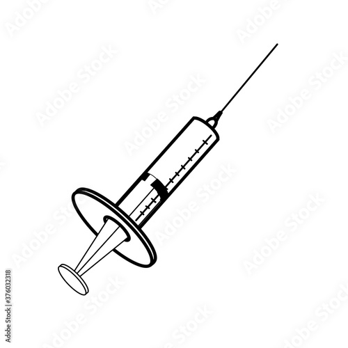 Outline of a medical syringe on a white isolated background. Vector Doodle illustrations.