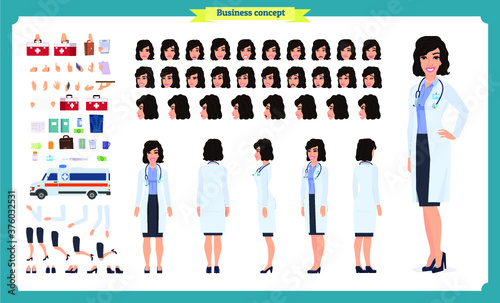 Female doctor character creation set.Front, side, back view animated character.Doctor character creation set with various views,Face emotions, poses, gestures.Cartoon style, flat vector illustrations