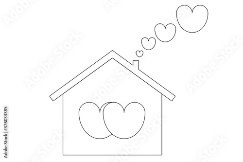 Valentine's day, two hearts and a hut. Home and love, living in a house with love and happiness. Black and white graphics that you can color, fill with the colors you want. photo