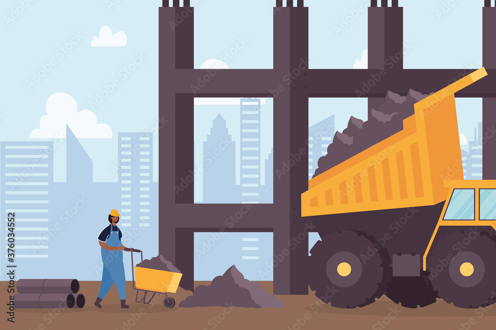 construction dump vehicle and builder in workplace scene