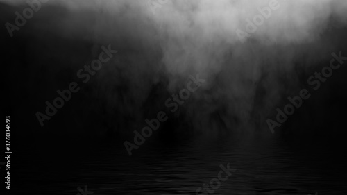 Mystic fire smoke on abstract background. Paranormal chemistry fog with reflection on the shore.