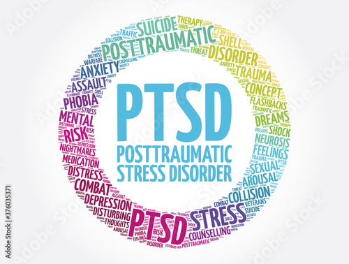 PTSD - Posttraumatic Stress Disorder circle word cloud collage, health concept background