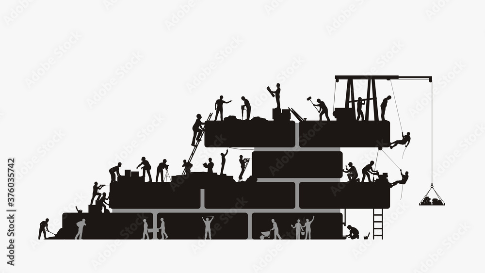 builders silhouette work at construction on white