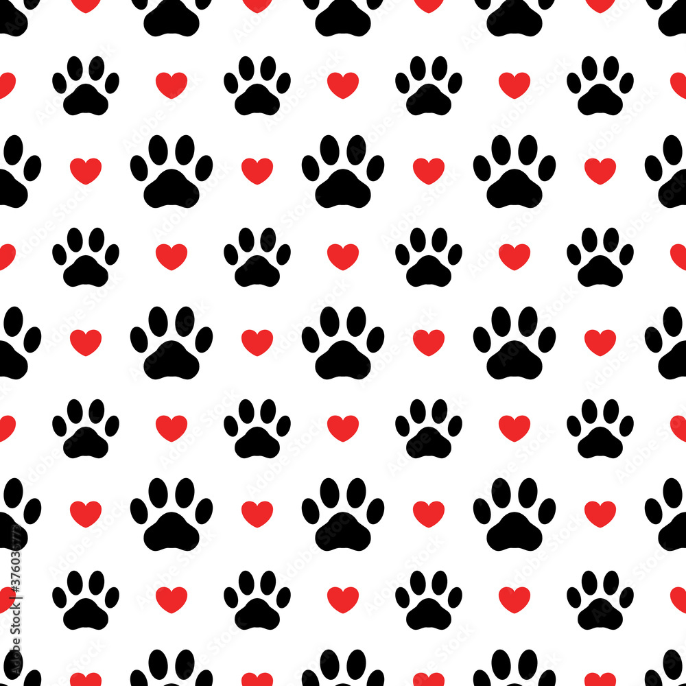 Fototapeta premium Pet prints. Paw seamless pattern. Cute background for pets, dog or cat. Foot puppy. Black silhouette shape paw and red heart. Footprint pet. Animal track. Trace foot dog, cat. Design for print. Vector