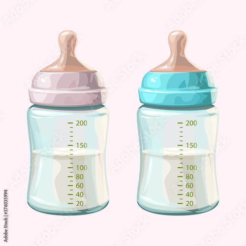 pair transparent baby bottles isolated on white