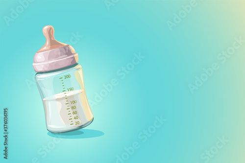 transparent baby bottle with milk on blue