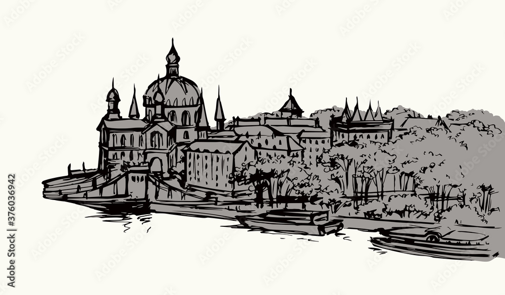 Hungarian Parliament Building. Vectos drawing scene