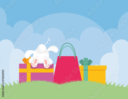 happy birthday card with rabbit and gifts in camp scene