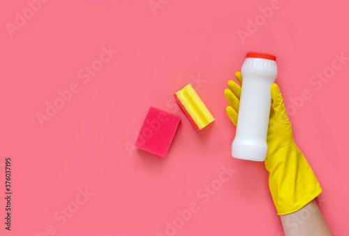 Mock-up. Detergents and cleaning accessories. Cleaning service concept. Flat lay, Top view.