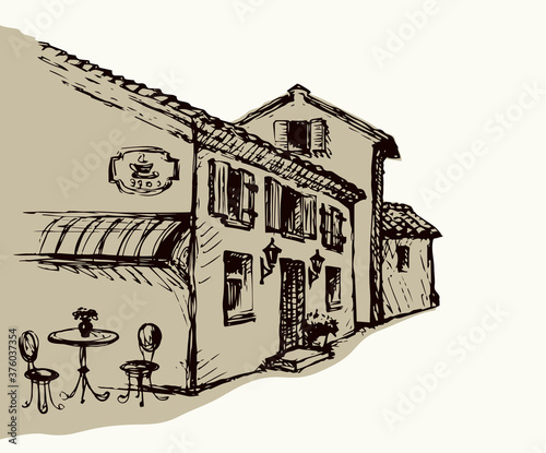 Cafe on the old city street. Vector drawing