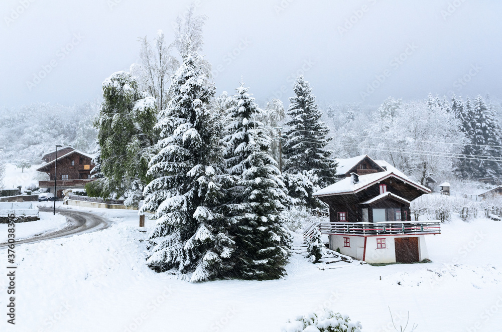 Mountain village in the French alps near the Geneva lake after a snowfall Mountain village in the French alps near the Geneva lake after a snowfall