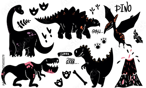 Dinosaurs black silhouettes set with lettering pterodactyl plesiosaur spinosaurus tyrannosaurus triceratops on white background isolated vector illustration.