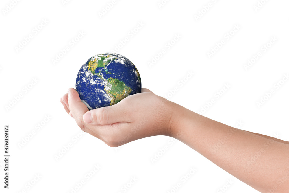 Environment day concept, Globe in hand isolated on white. Elements of this image furnished by NASA Environment day concept, Globe in hand isolated on white. Elements of this image furnished by NASA