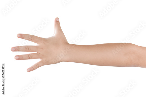 Child hand shows five fingers isolated on white background with clipping path.