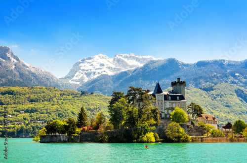 Lake Annecy, a view of the Duingt Castle (Château de Duingt) and the surrounding French Alps. France
