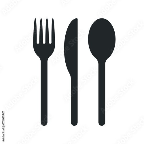 Fork knife and spoon icon logo. Simple flat shape restaurant or cafe place sign. Kitchen and diner menu symbol. Vector illustration image. Black silhouette isolated on white background.