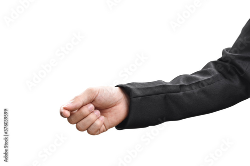 Man hand in black suit holding some like virtual card, Isolated on a white background with clipping path.