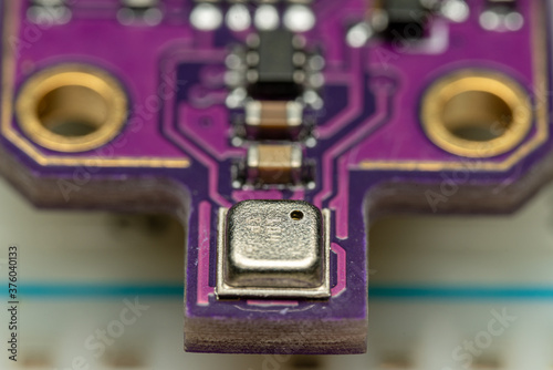 Macro Photo of a Purple PCB Module for the BME680 MEMS Environmental Sensor. 