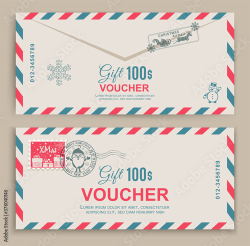 Christmas Voucher as envelpe template with Santa in stamp, Snoqman in stamp . Value 100 dollars for department stores, business