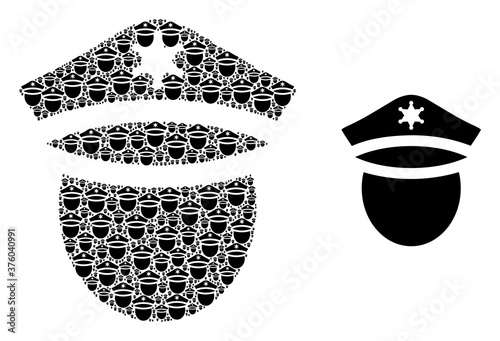 Fractal mosaic police head and original icon. Vector mosaic is created with repeating police head elements. Flat vector design on a white background.