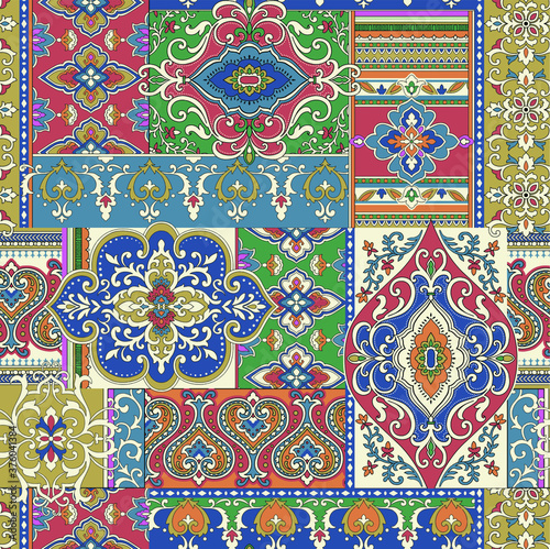Seamless damask with colorful patchwork. Vintage multi color pattern in Turkish style. Endless pattern can be used for ceramic tile, wallpaper, linoleum, textile, web page background. Vector