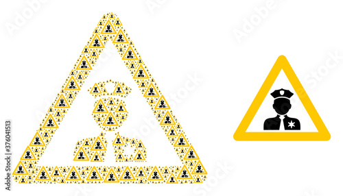 Recursive mosaic policeman warning and basic icon. Vector mosaic is designed with randomized policeman warning parts. Flat vector design on a white background.