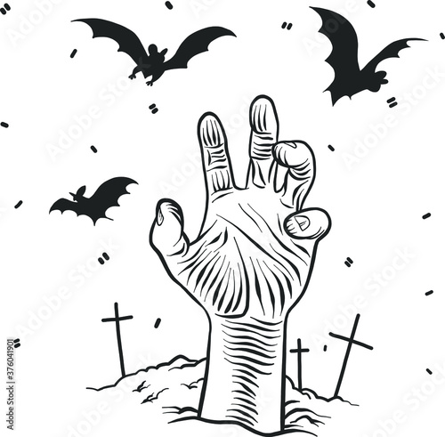 Vector halloween clipart zombie hand and the bats. Illustration for seasonal design, textile, decoration kids playroom or greeting card. Isolated sketch object. Flat vector illustration